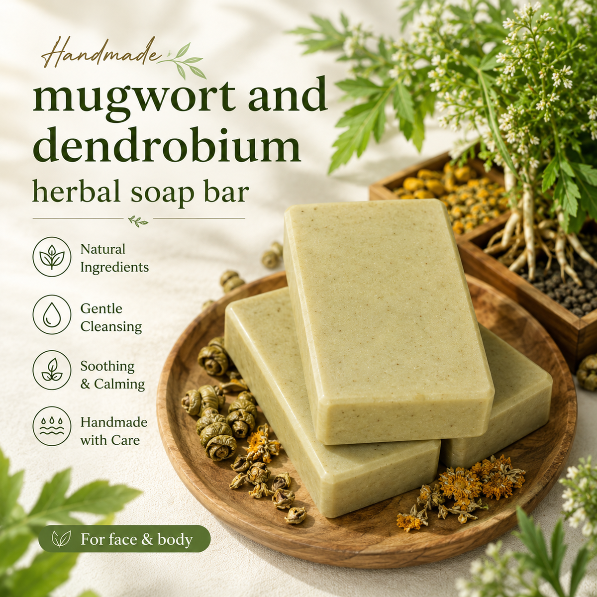 Handmade Mugwort & Dendrobium Herbal Soap Bar – Botanical Face & Body Cleanser