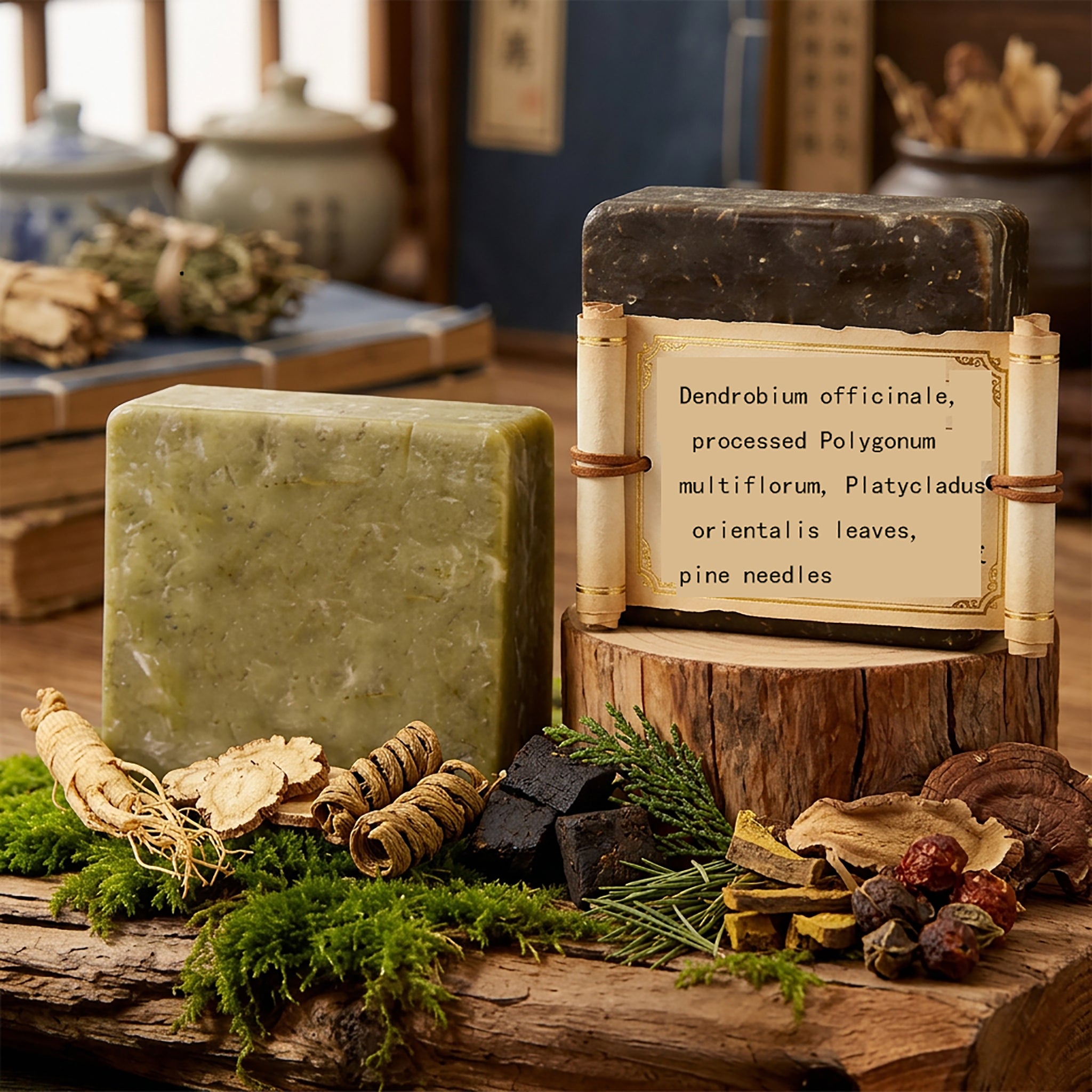 Natural Herbal Handmade Shampoo Bar Duo | Dendrobium & He Shou Wu + Pine Needle Set (100g x 2) for Hair Growth, Anti-Hair Loss & Oil Control