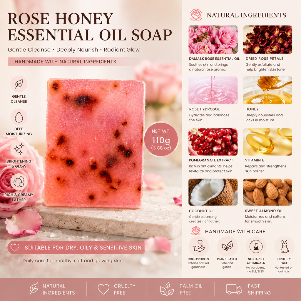 Handmade Rose Honey Essential Oil Soap | Natural Face, Hand & Body Soap Bar with Damask Rose Oil, Honey & Rose Petals | 110g