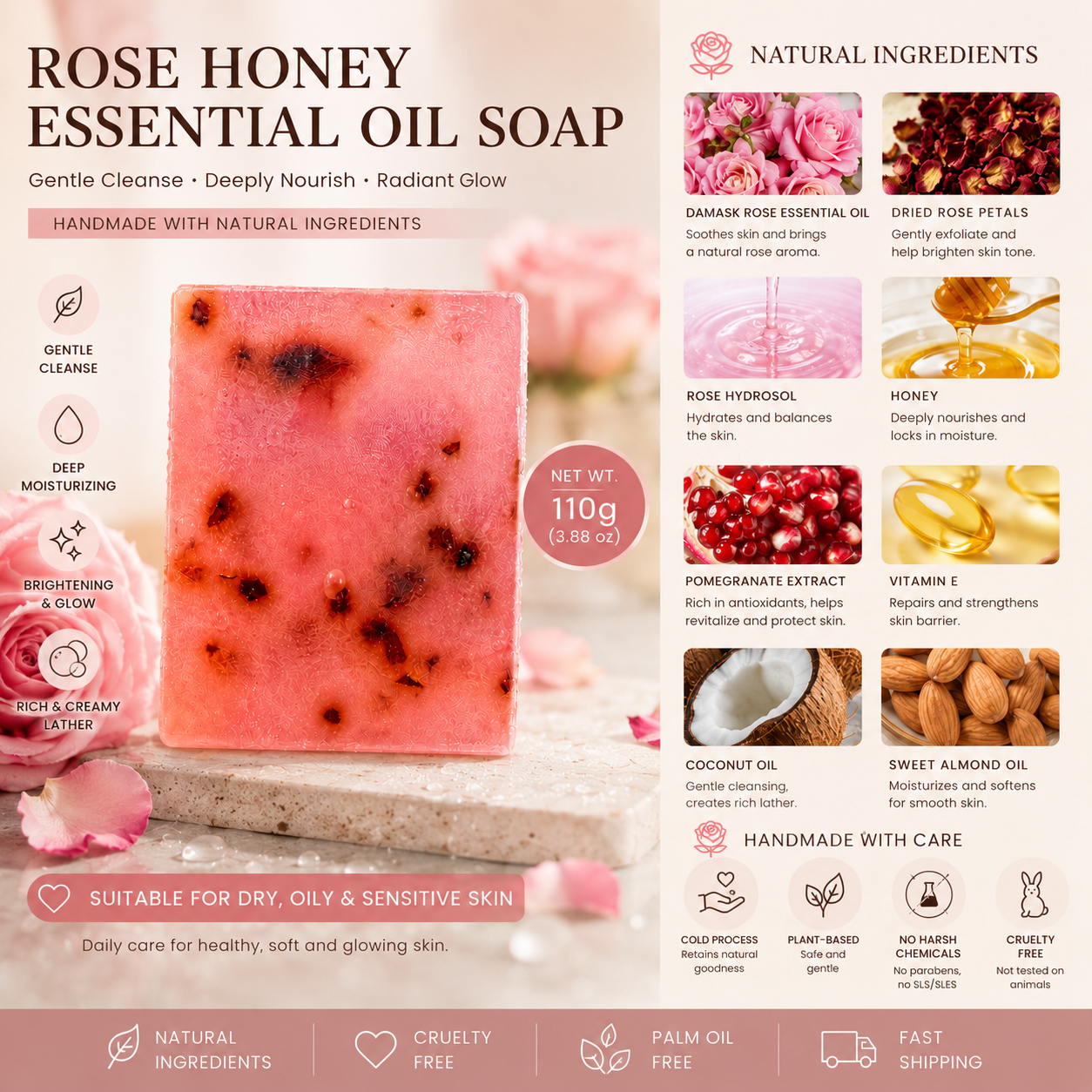 Handmade Rose Honey Essential Oil Soap | Natural Face, Hand & Body Soap Bar with Damask Rose Oil, Honey & Rose Petals | 110g