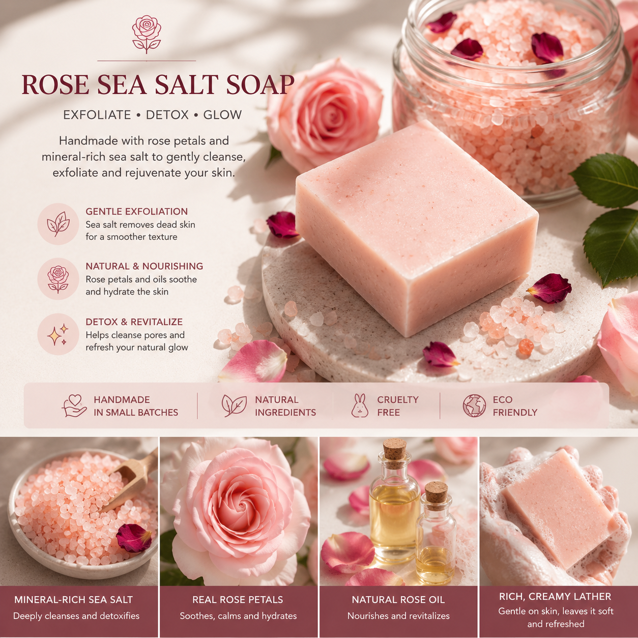 Handmade Rose Sea Salt Soap | Himalayan Rose Salt & Bulgarian Rose | Face, Hands & Body | 65g