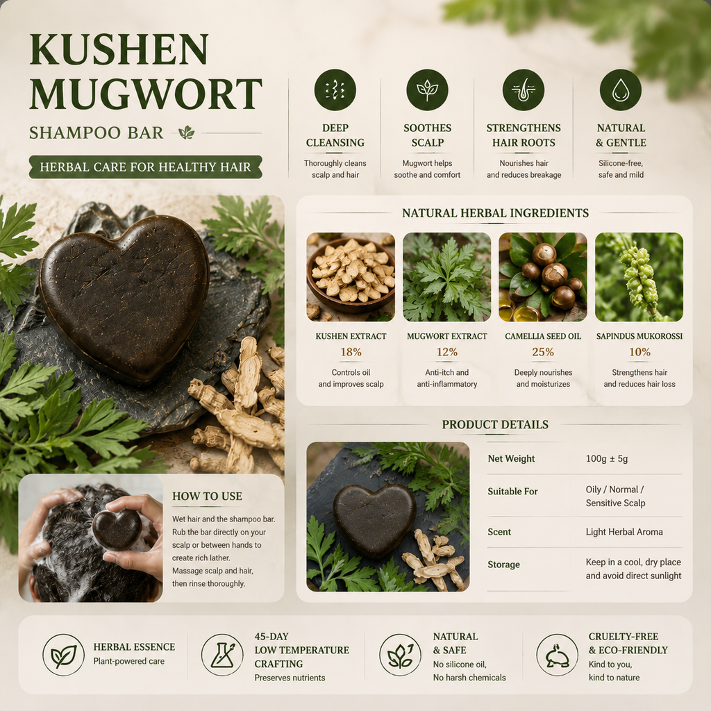 Natural Herbal Shampoo Bar with Kushen & Mugwort Extract – Solid Shampoo for Healthy Hair, Balanced Scalp & Gentle Cleansing
