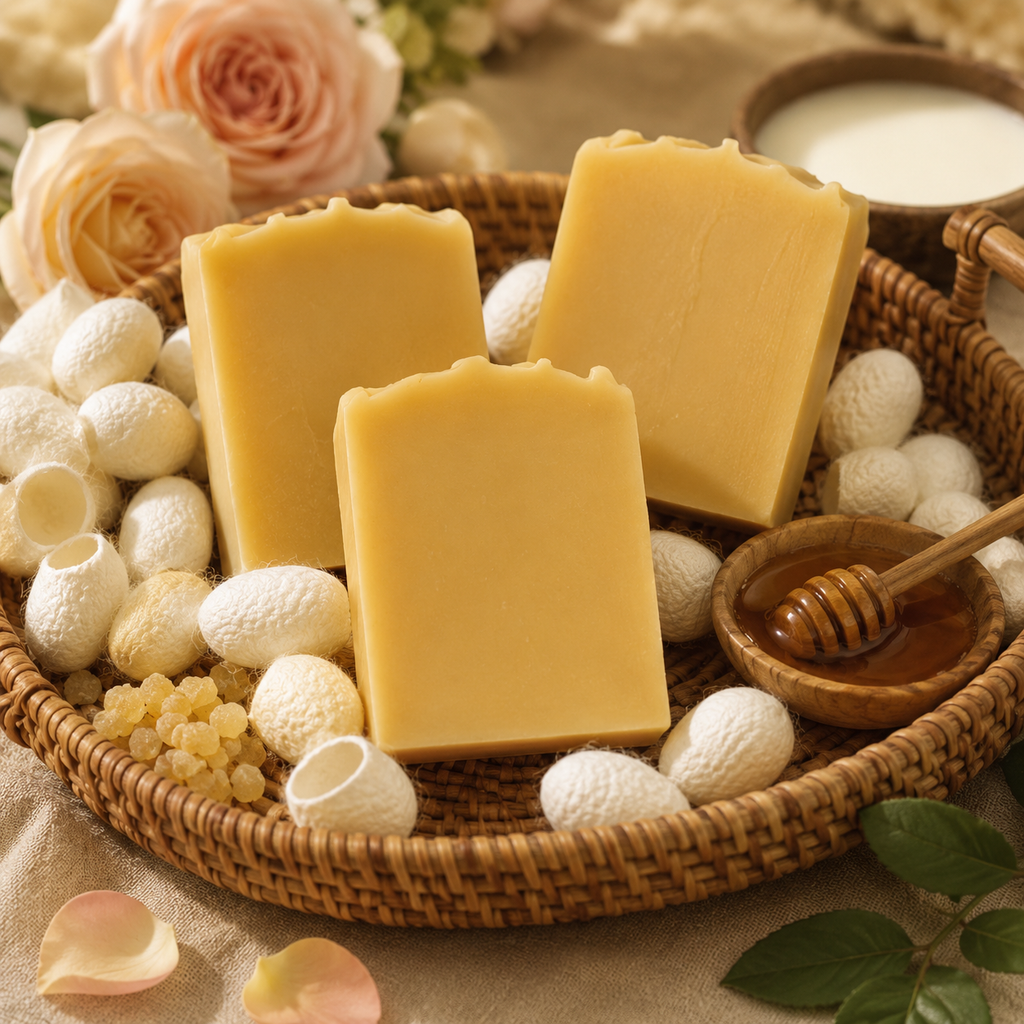 Handmade Silk & Goat Milk Soap | Natural Cocoon, Honey & Rose | Face, Hands & Body | 65g
