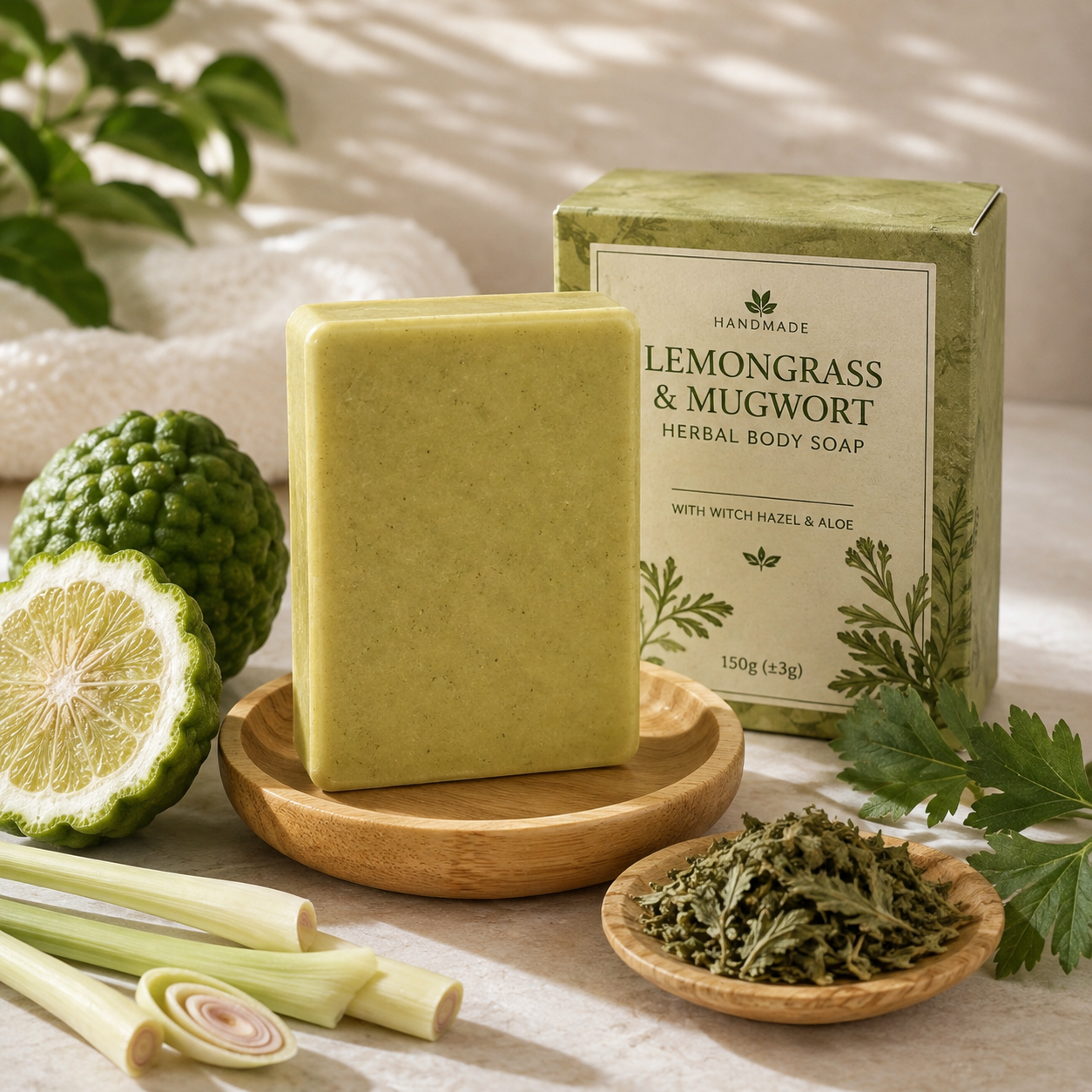 Handmade Lemongrass & Mugwort Soap Bar – Herbal Body Soap with Witch Hazel & Aloe