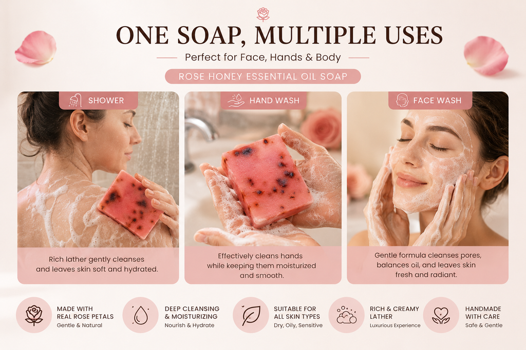 Handmade Rose Honey Essential Oil Soap | Natural Face, Hand & Body Soap Bar with Damask Rose Oil, Honey & Rose Petals | 110g