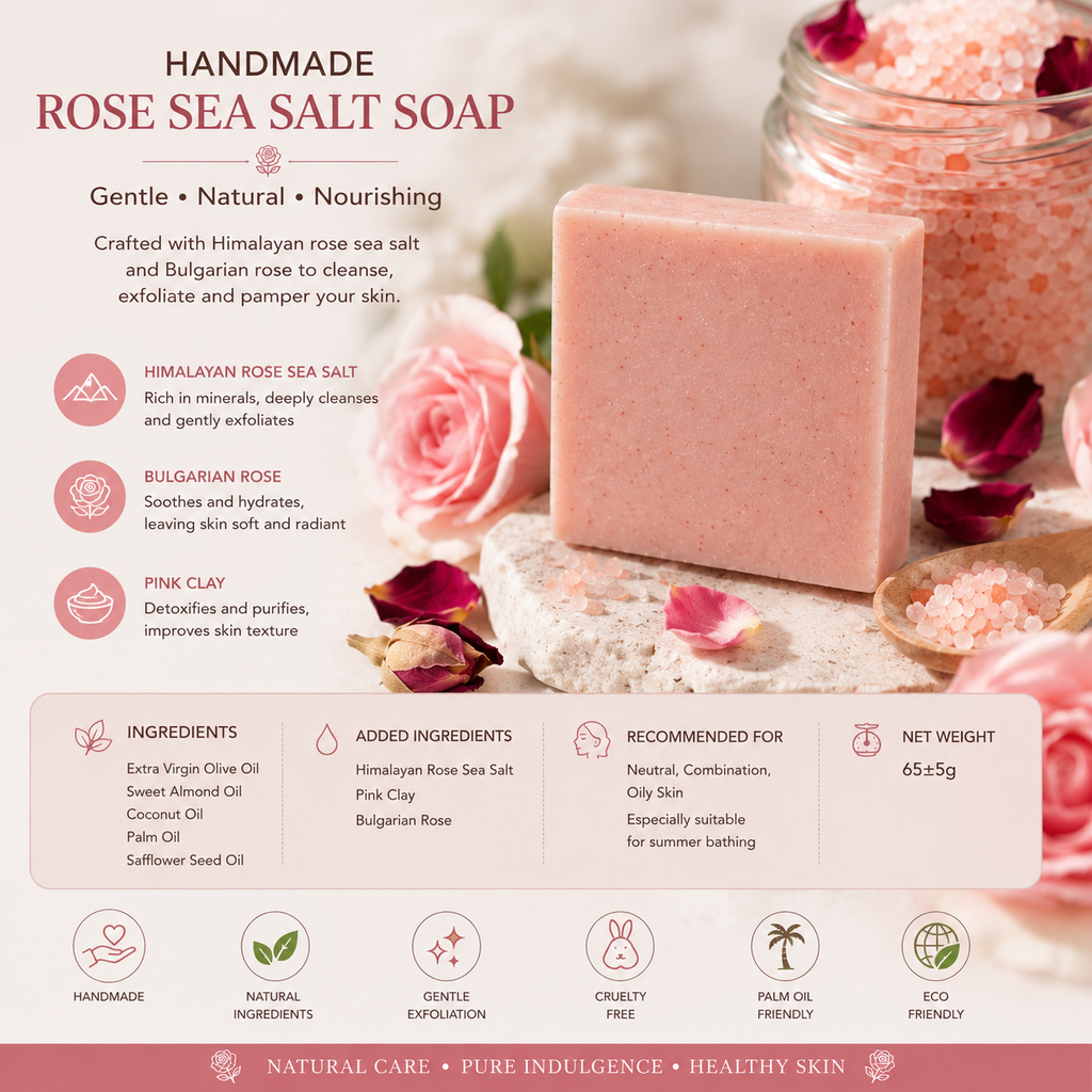 Handmade Rose Sea Salt Soap | Himalayan Rose Salt & Bulgarian Rose | Face, Hands & Body | 65g
