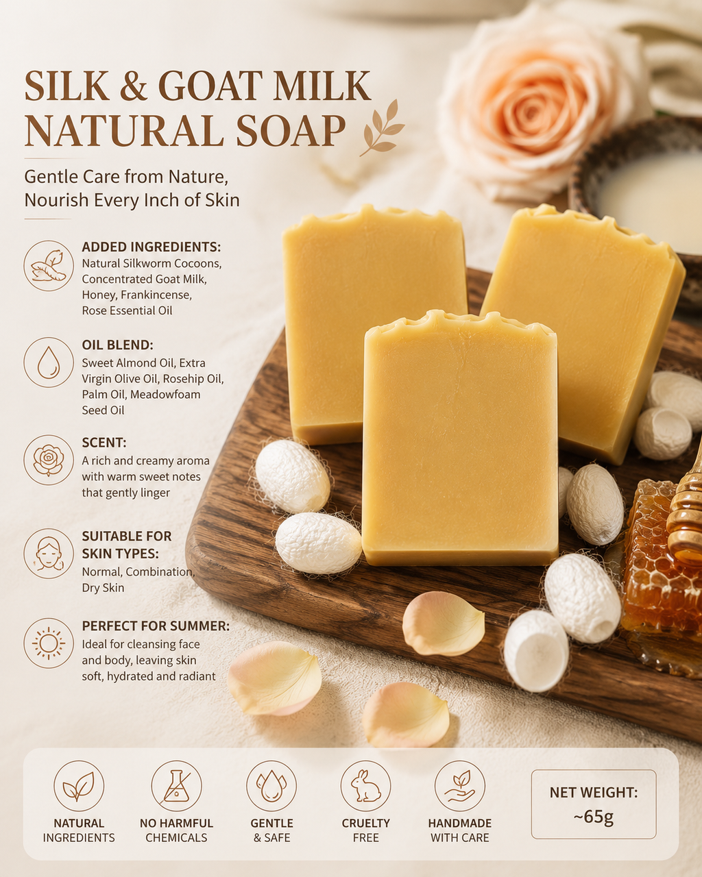 Handmade Silk & Goat Milk Soap | Natural Cocoon, Honey & Rose | Face, Hands & Body | 65g