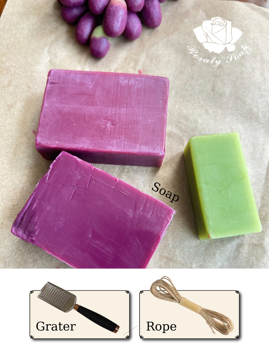 DIY Grape Soap Making Kit - Hand-Rolled Cold Process Soap Craft Set with Grater & Hemp Cord | Create Your Own Grape Cluster Soap at Home