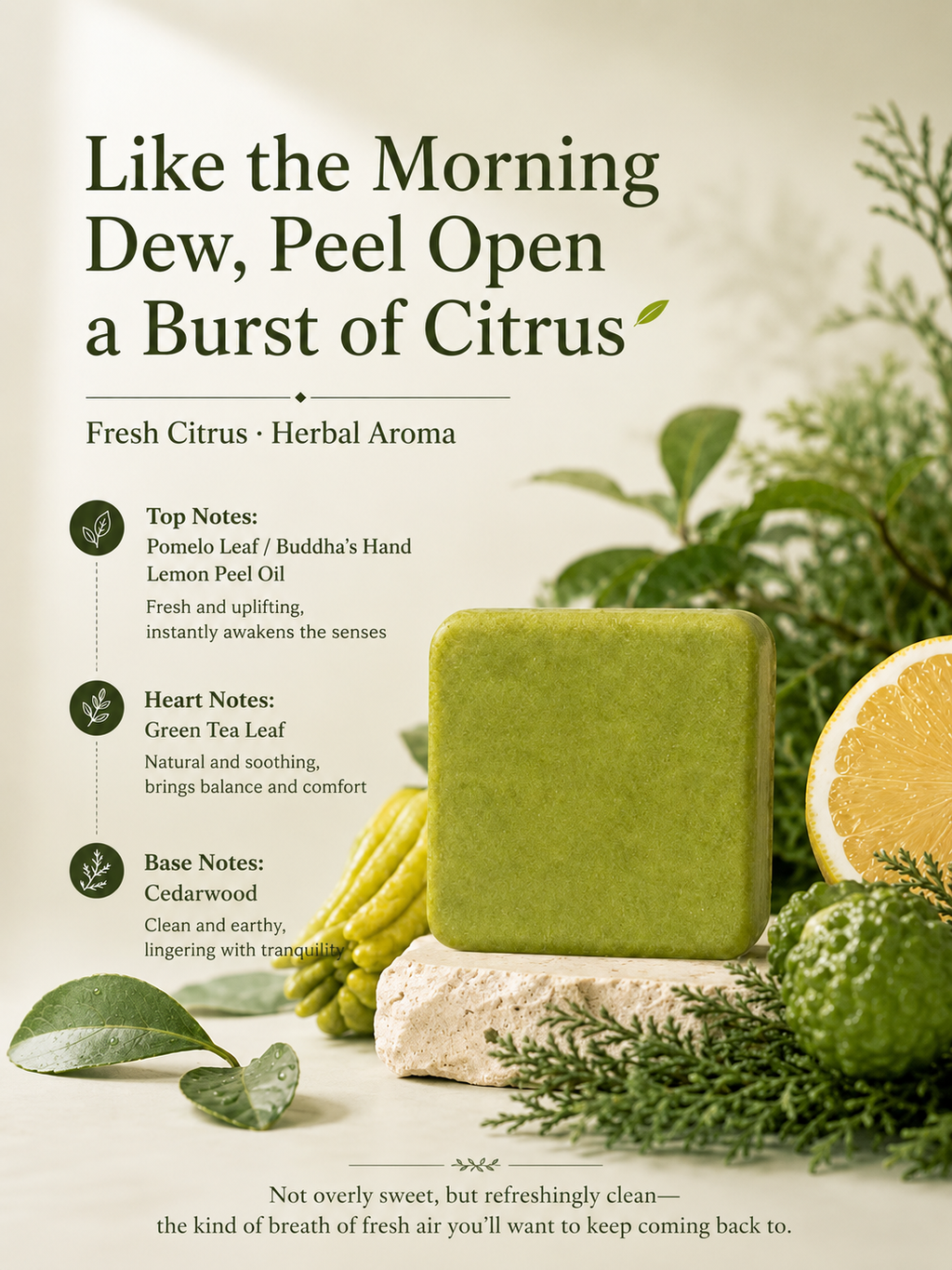 Pomelo Leaf & Biota Shampoo Bar | Bergamot Citrus Hair Soap for Volume & Oil Control | 80g