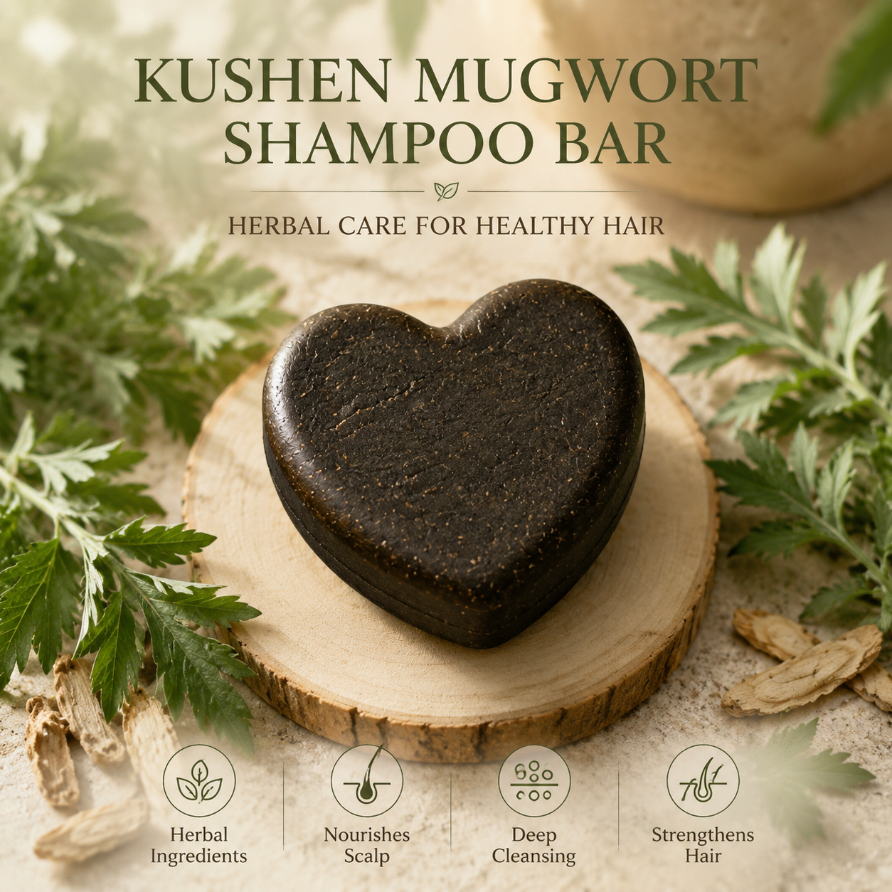 Natural Herbal Shampoo Bar with Kushen & Mugwort Extract – Solid Shampoo for Healthy Hair, Balanced Scalp & Gentle Cleansing