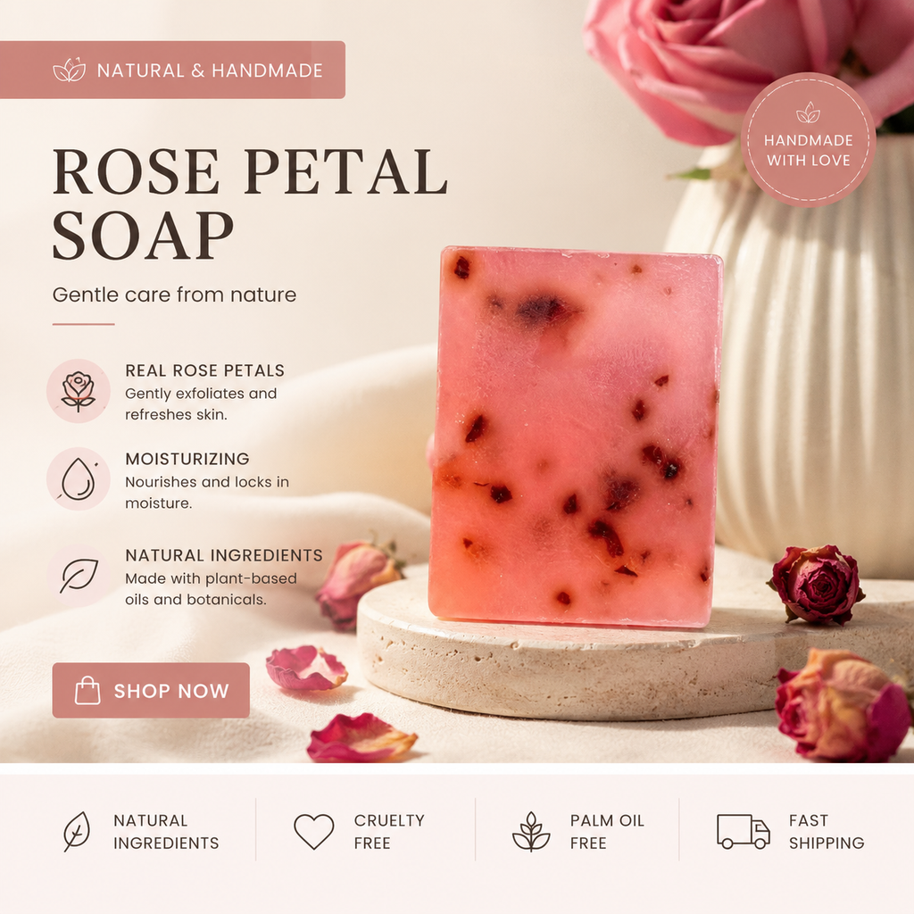 Handmade Rose Honey Essential Oil Soap | Natural Face, Hand & Body Soap Bar with Damask Rose Oil, Honey & Rose Petals | 110g