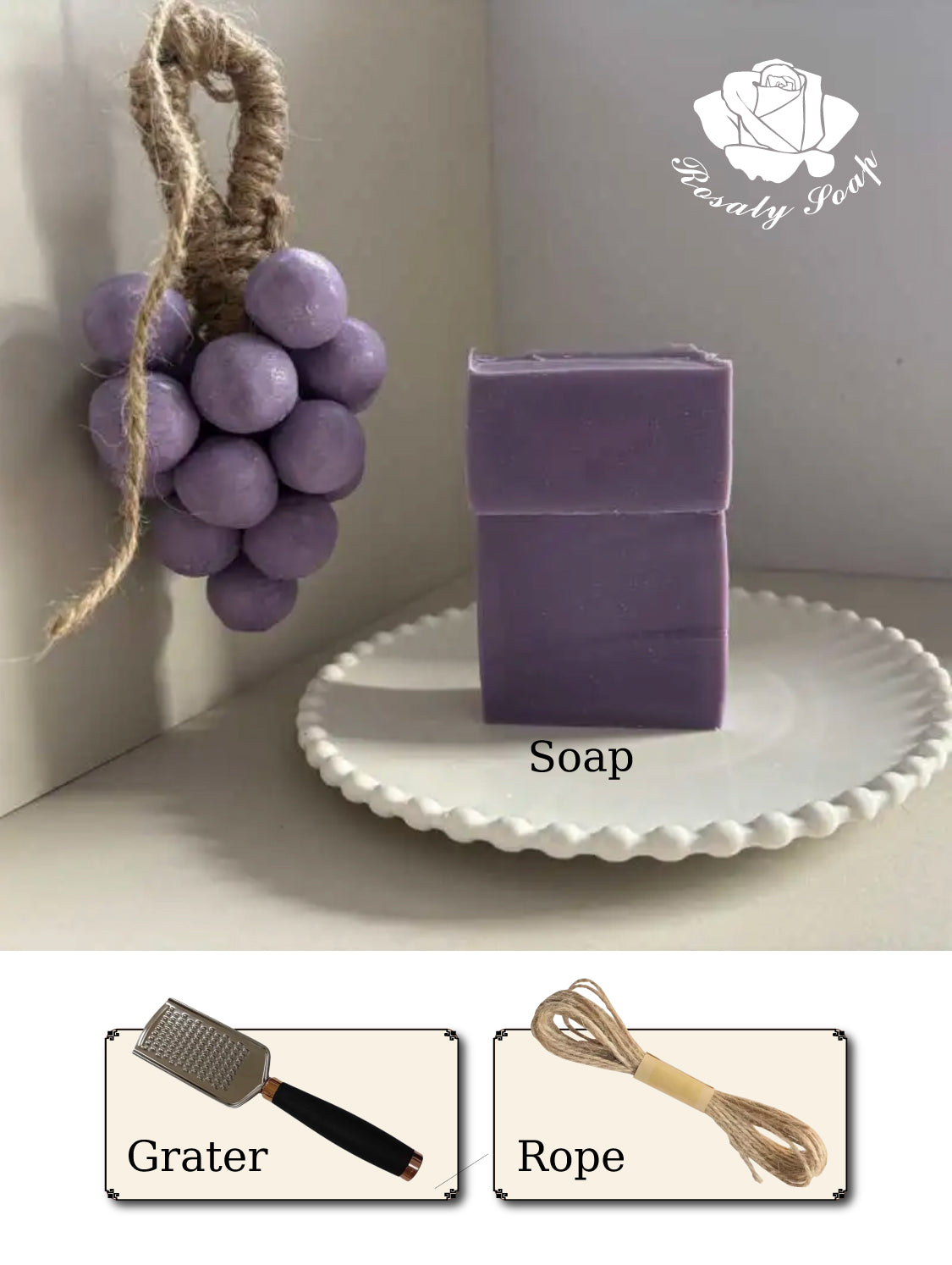 DIY Grape Soap Making Kit - Hand-Rolled Cold Process Soap Craft Set with Grater & Hemp Cord | Create Your Own Grape Cluster Soap at Home