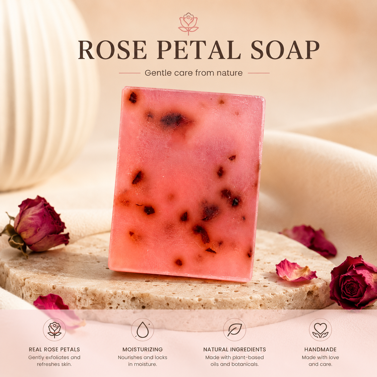 Handmade Rose Honey Essential Oil Soap | Natural Face, Hand & Body Soap Bar with Damask Rose Oil, Honey & Rose Petals | 110g