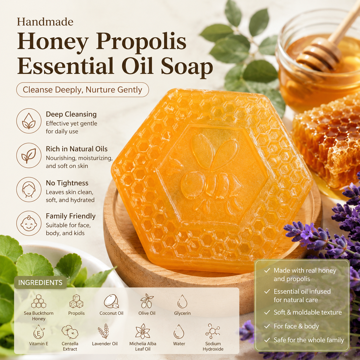 Handmade Honey Propolis Essential Oil Soap | Gentle Moisturizing Face & Body Bar