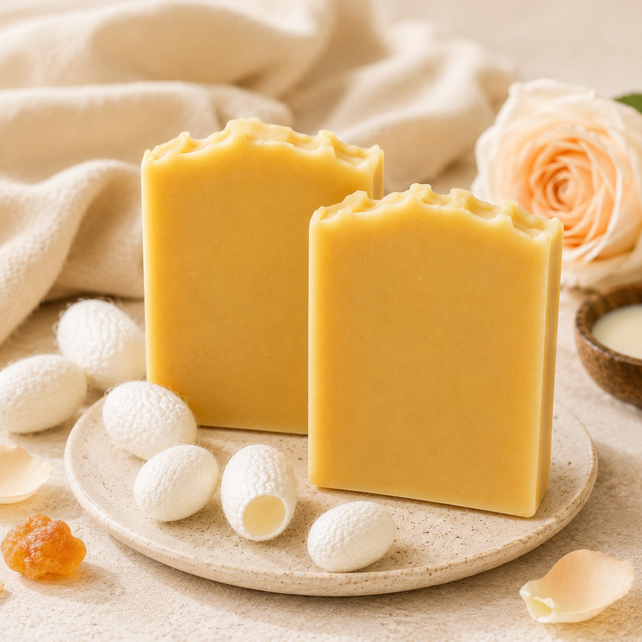 Handmade Silk & Goat Milk Soap | Natural Cocoon, Honey & Rose | Face, Hands & Body | 65g