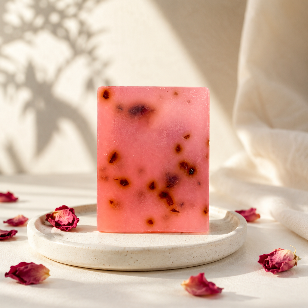 Handmade Rose Honey Essential Oil Soap | Natural Face, Hand & Body Soap Bar with Damask Rose Oil, Honey & Rose Petals | 110g