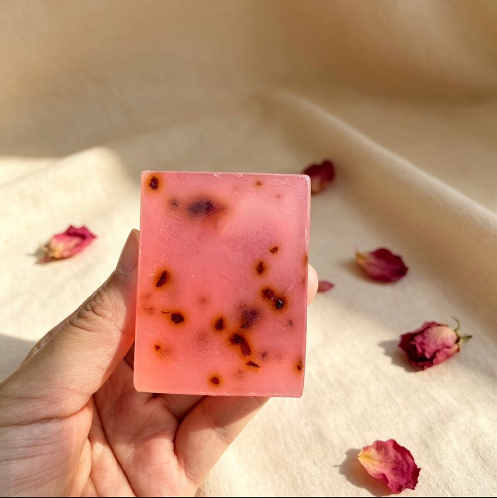 Handmade Rose Honey Essential Oil Soap | Natural Face, Hand & Body Soap Bar with Damask Rose Oil, Honey & Rose Petals | 110g