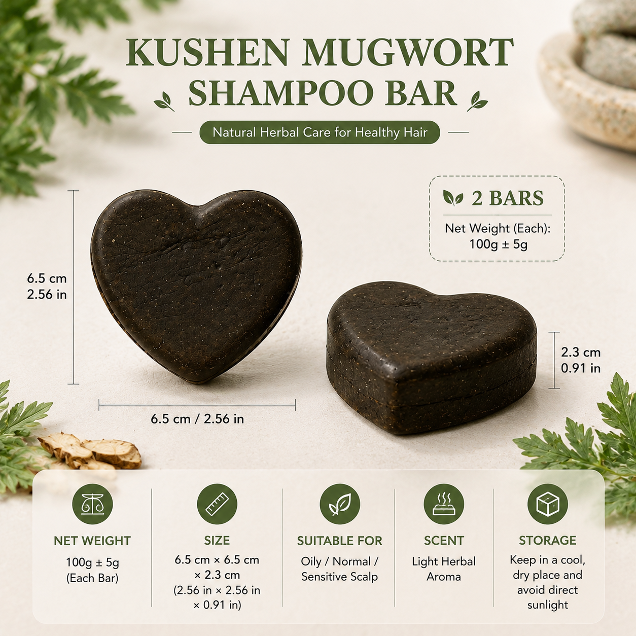Natural Herbal Shampoo Bar with Kushen & Mugwort Extract – Solid Shampoo for Healthy Hair, Balanced Scalp & Gentle Cleansing