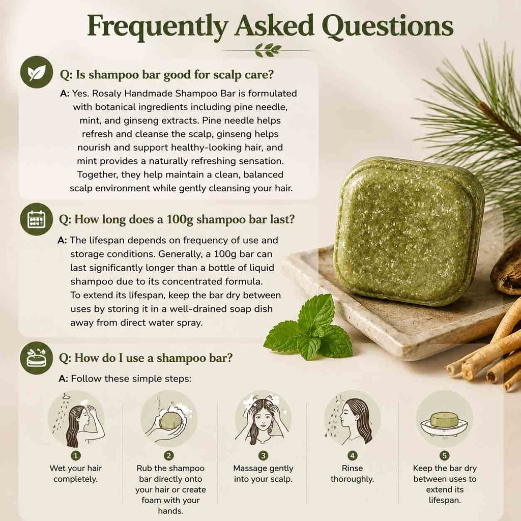 Handmade Pine Needle Mint Ginseng Herbal Shampoo Bar 100g | Natural Solid Shampoo for Scalp Care & Healthy-Looking Hair