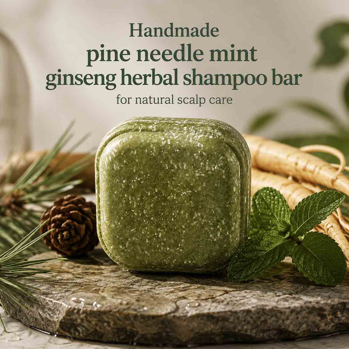 Handmade Pine Needle Mint Ginseng Herbal Shampoo Bar 100g | Natural Solid Shampoo for Scalp Care & Healthy-Looking Hair