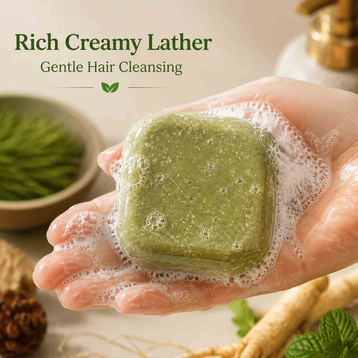 Handmade Pine Needle Mint Ginseng Herbal Shampoo Bar 100g | Natural Solid Shampoo for Scalp Care & Healthy-Looking Hair
