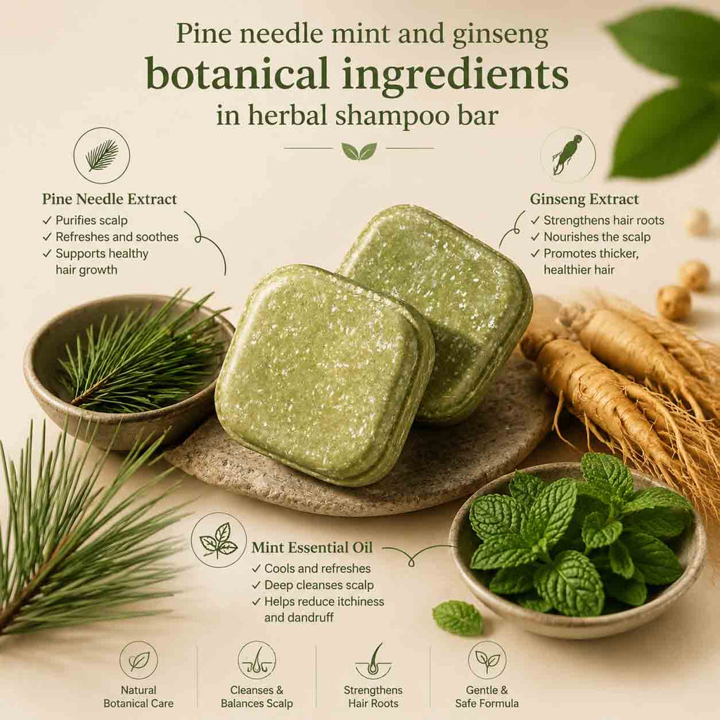 Handmade Pine Needle Mint Ginseng Herbal Shampoo Bar 100g | Natural Solid Shampoo for Scalp Care & Healthy-Looking Hair